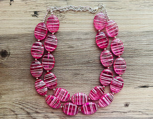 Dark Pink & White Striped Chunky Statement Necklace double Strand Beaded jewelry, bridesmaid bib magenta hot pink earrings