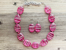 Load image into Gallery viewer, Hot Pink Striped Single Statement Necklace, Earrings Chunky Jewelry Big Beaded Necklace, dark pink Necklace, magenta bubble white