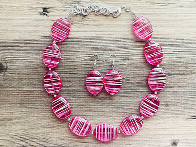 Hot Pink Striped Single Statement Necklace, Earrings Chunky Jewelry Big Beaded Necklace, dark pink Necklace, magenta bubble white