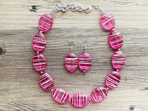 Hot Pink Striped Single Statement Necklace, Earrings Chunky Jewelry Big Beaded Necklace, dark pink Necklace, magenta bubble white