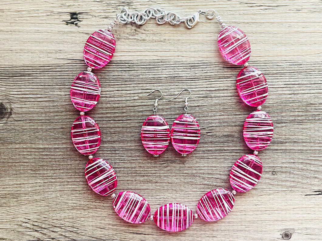 Hot Pink Striped Single Statement Necklace, Earrings Chunky Jewelry Big Beaded Necklace, dark pink Necklace, magenta bubble white