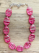 Load image into Gallery viewer, Hot Pink Striped Single Statement Necklace, Earrings Chunky Jewelry Big Beaded Necklace, dark pink Necklace, magenta bubble white