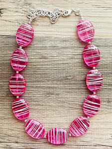 Hot Pink Striped Single Statement Necklace, Earrings Chunky Jewelry Big Beaded Necklace, dark pink Necklace, magenta bubble white