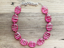 Load image into Gallery viewer, Hot Pink Striped Single Statement Necklace, Earrings Chunky Jewelry Big Beaded Necklace, dark pink Necklace, magenta bubble white