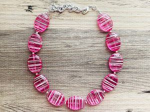 Hot Pink Striped Single Statement Necklace, Earrings Chunky Jewelry Big Beaded Necklace, dark pink Necklace, magenta bubble white