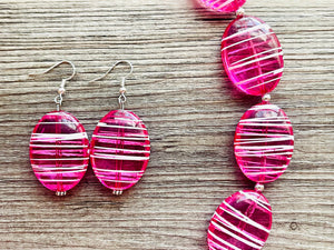 Hot Pink Striped Single Statement Necklace, Earrings Chunky Jewelry Big Beaded Necklace, dark pink Necklace, magenta bubble white