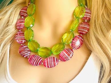 Chunky Statement Apple Green Necklace, multi strand colorful jewelry, big beaded chunky statement necklace, pink necklace, pink and green
