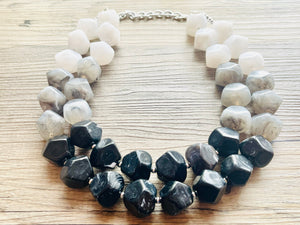 Black White & Gray Big Bead Necklace, Statement Jewelry, neutral silver Chunky bib, bridesmaids necklace, wedding necklace, bridal