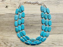 Load image into Gallery viewer, Paint splatter Blue Necklace, 3 Strand Statement Jewelry, aqua teal Chunky bib bridesmaid everyday bubble jewelry earrings
