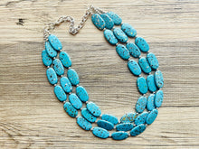 Load image into Gallery viewer, Paint splatter Blue Necklace, 3 Strand Statement Jewelry, aqua teal Chunky bib bridesmaid everyday bubble jewelry earrings