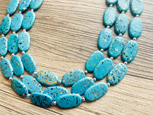 Load image into Gallery viewer, Paint splatter Blue Necklace, 3 Strand Statement Jewelry, aqua teal Chunky bib bridesmaid everyday bubble jewelry earrings