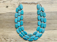 Load image into Gallery viewer, Paint splatter Blue Necklace, 3 Strand Statement Jewelry, aqua teal Chunky bib bridesmaid everyday bubble jewelry earrings