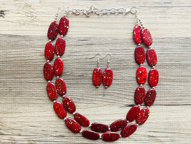 Paint splatter red Necklace, 2 Strand Statement Jewelry, maroon Chunky bib bridesmaid everyday bubble jewelry earrings dark red