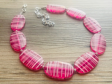 Hot Pink Striped Single Statement Necklace, Earrings Chunky Jewelry Big Beaded Necklace, dark pink Necklace, magenta bubble white