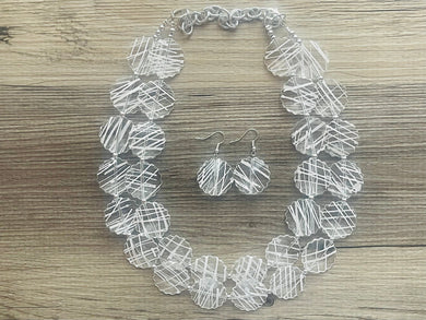 Cross Country Necklace, Clear Resin & White Necklace multi strand jewelry, big bib beaded chunky statement, bridesmaid necklace earrings