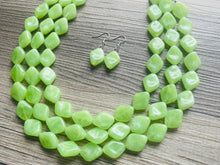 Load image into Gallery viewer, Lime Green 3 Strand Statement Necklace, Chunky Jewelry Big Beaded Necklace, sunshine neon green Necklace, earrings Jewelry Geometric set