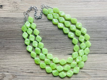 Load image into Gallery viewer, Lime Green 3 Strand Statement Necklace, Chunky Jewelry Big Beaded Necklace, sunshine neon green Necklace, earrings Jewelry Geometric set