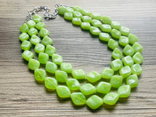 Load image into Gallery viewer, Lime Green 3 Strand Statement Necklace, Chunky Jewelry Big Beaded Necklace, sunshine neon green Necklace, earrings Jewelry Geometric set