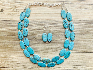 Paint splatter Blue Necklace, 2 Strand Statement Jewelry, aqua teal Chunky bib bridesmaid everyday bubble jewelry earrings