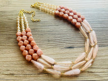 Load image into Gallery viewer, Champagne Statement Necklace, chunky bib beaded jewelry, peach necklace, brown tan beaded jewelry, neutral statement necklace