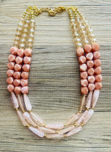 Load image into Gallery viewer, Champagne Statement Necklace, chunky bib beaded jewelry, peach necklace, brown tan beaded jewelry, neutral statement necklace