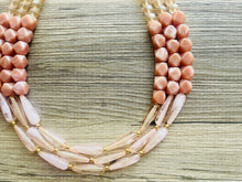 Load image into Gallery viewer, Champagne Statement Necklace, chunky bib beaded jewelry, peach necklace, brown tan beaded jewelry, neutral statement necklace