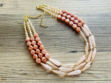 Load image into Gallery viewer, Champagne Statement Necklace, chunky bib beaded jewelry, peach necklace, brown tan beaded jewelry, neutral statement necklace