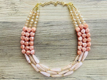 Load image into Gallery viewer, Champagne Statement Necklace, chunky bib beaded jewelry, peach necklace, brown tan beaded jewelry, neutral statement necklace