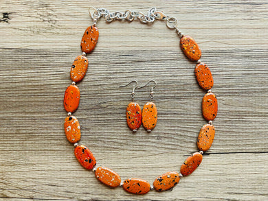 Paint splatter burnt orange Necklace, single Strand Statement Jewelry, orange Chunky bib bridesmaid everyday bubble jewelry earrings