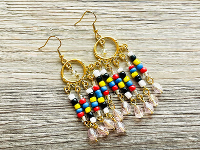 Rainbow & Pink Flutter Beaded Tassel statement earrings, metal jewelry, gold geometric earrings pierced dangle drop chunky