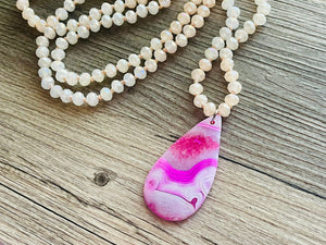 GemStone Chunky Statement Necklace, pink purple white matte striped gemstone necklace, long gem jewelry beaded agate jewelry pendant