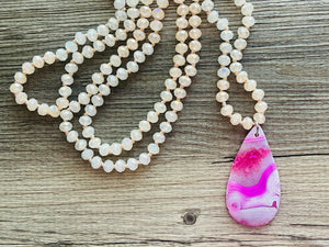 GemStone Chunky Statement Necklace, pink purple white matte striped gemstone necklace, long gem jewelry beaded agate jewelry pendant