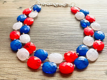 Load image into Gallery viewer, 4th of July Double Layer statement necklace with silver accents - Chunky Jewelry Patriotic America Red White and Blue beads