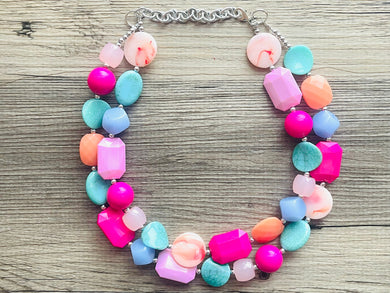 Summer Nectarine Pink Periwinkle & Orange Necklace, multi strand jewelry, big beaded chunky statement necklace, pink necklace turquoise