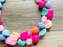 Load image into Gallery viewer, Summer Nectarine Pink Periwinkle &amp; Orange Necklace, multi strand jewelry, big beaded chunky statement necklace, pink necklace turquoise