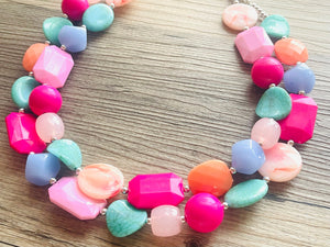 Summer Nectarine Pink Periwinkle & Orange Necklace, multi strand jewelry, big beaded chunky statement necklace, pink necklace turquoise