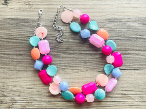 Summer Nectarine Pink Periwinkle & Orange Necklace, multi strand jewelry, big beaded chunky statement necklace, pink necklace turquoise