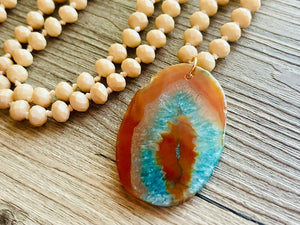 GemStone Chunky Statement Necklace, aqua blue teal Dragon Vein striped gemstone necklace, long gem jewelry beaded agate jewelry pendant