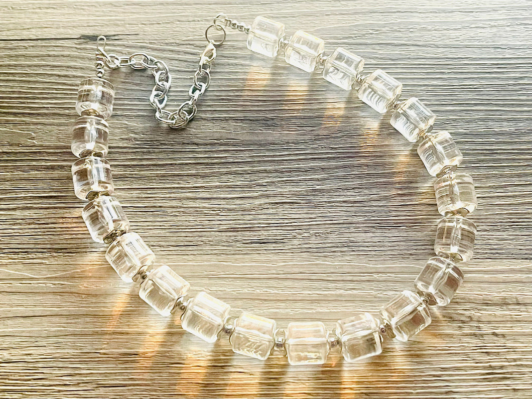 Single Strand Clear Crystal Statement Necklace, Bib necklace, lucite necklace, silver beaded necklace, bridesmaid necklace translucent