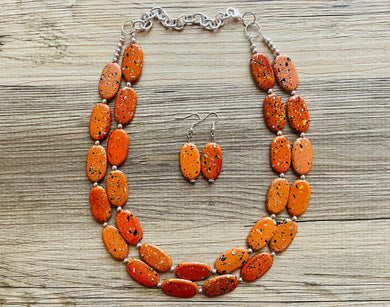 Paint splatter burnt orange Necklace, 2 Strand Statement Jewelry, orange Chunky bib bridesmaid everyday bubble jewelry earrings