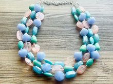 Load image into Gallery viewer, Periwinkle Party Statement Necklace, Triple Strand Chunky Beaded Necklace Jewelry, Spring Jewelry, blue Necklace, turquoise coral peach pink