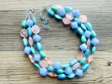 Load image into Gallery viewer, Periwinkle Party Statement Necklace, Triple Strand Chunky Beaded Necklace Jewelry, Spring Jewelry, blue Necklace, turquoise coral peach pink