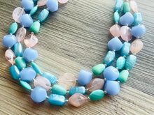 Load image into Gallery viewer, Periwinkle Party Statement Necklace, Triple Strand Chunky Beaded Necklace Jewelry, Spring Jewelry, blue Necklace, turquoise coral peach pink