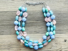 Load image into Gallery viewer, Periwinkle Party Statement Necklace, Triple Strand Chunky Beaded Necklace Jewelry, Spring Jewelry, blue Necklace, turquoise coral peach pink