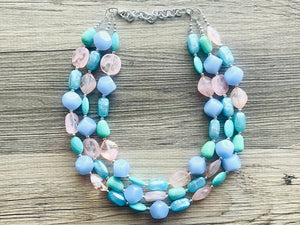 Periwinkle Party Statement Necklace, Triple Strand Chunky Beaded Necklace Jewelry, Spring Jewelry, blue Necklace, turquoise coral peach pink