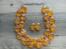 Load image into Gallery viewer, Textured Orange Statement Necklace, Big Beaded necklace, chunky beaded necklace wedding, clementine jewelry, white striped jewelry