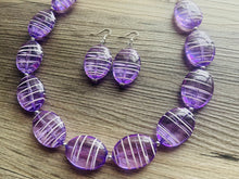 Load image into Gallery viewer, Textured Purple Statement Necklace, Big Beaded necklace, chunky beaded necklace wedding, lavender jewelry, white striped jewelry