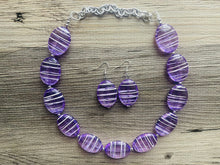 Load image into Gallery viewer, Textured Purple Statement Necklace, Big Beaded necklace, chunky beaded necklace wedding, lavender jewelry, white striped jewelry