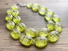 Load image into Gallery viewer, Textured Lime Statement Necklace, Big Beaded necklace, chunky beaded green necklace wedding, green jewelry, white striped jewelry