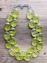 Load image into Gallery viewer, Textured Lime Statement Necklace, Big Beaded necklace, chunky beaded green necklace wedding, green jewelry, white striped jewelry